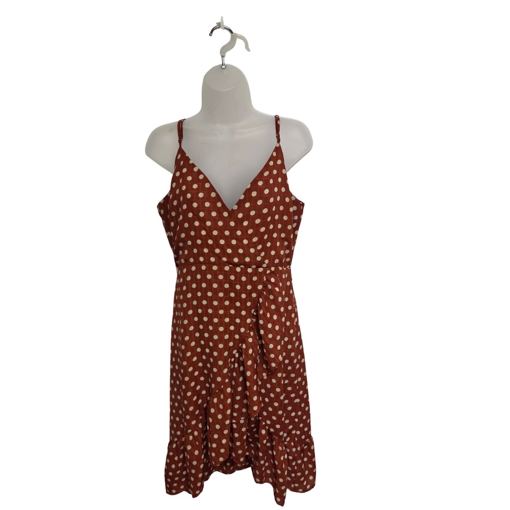 JOA Just One Answer Rust‎ Brown Polka Dot Faux Wrap Ruffle Midi Dress Medium